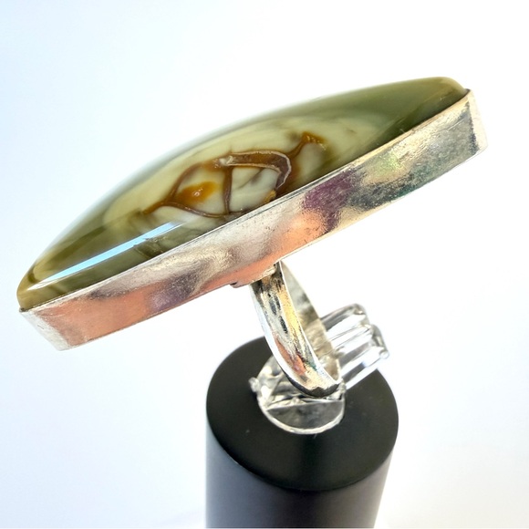 Hand crafted Polychrome Jasper solver overlay ring stamped 925 size adjust 4.5-7 - Picture 3 of 8